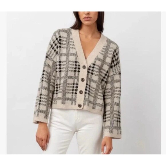 RAILS Reese Oatmeal Plaid Cardigan Women Large Crop Button Sweater Neutral Boxy - Picture 1 of 11